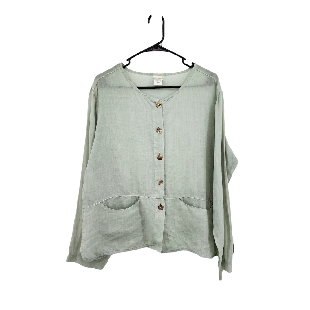 Kleen Women's 100% Linen Peasant Style Button Front Top Lagenlook- L
